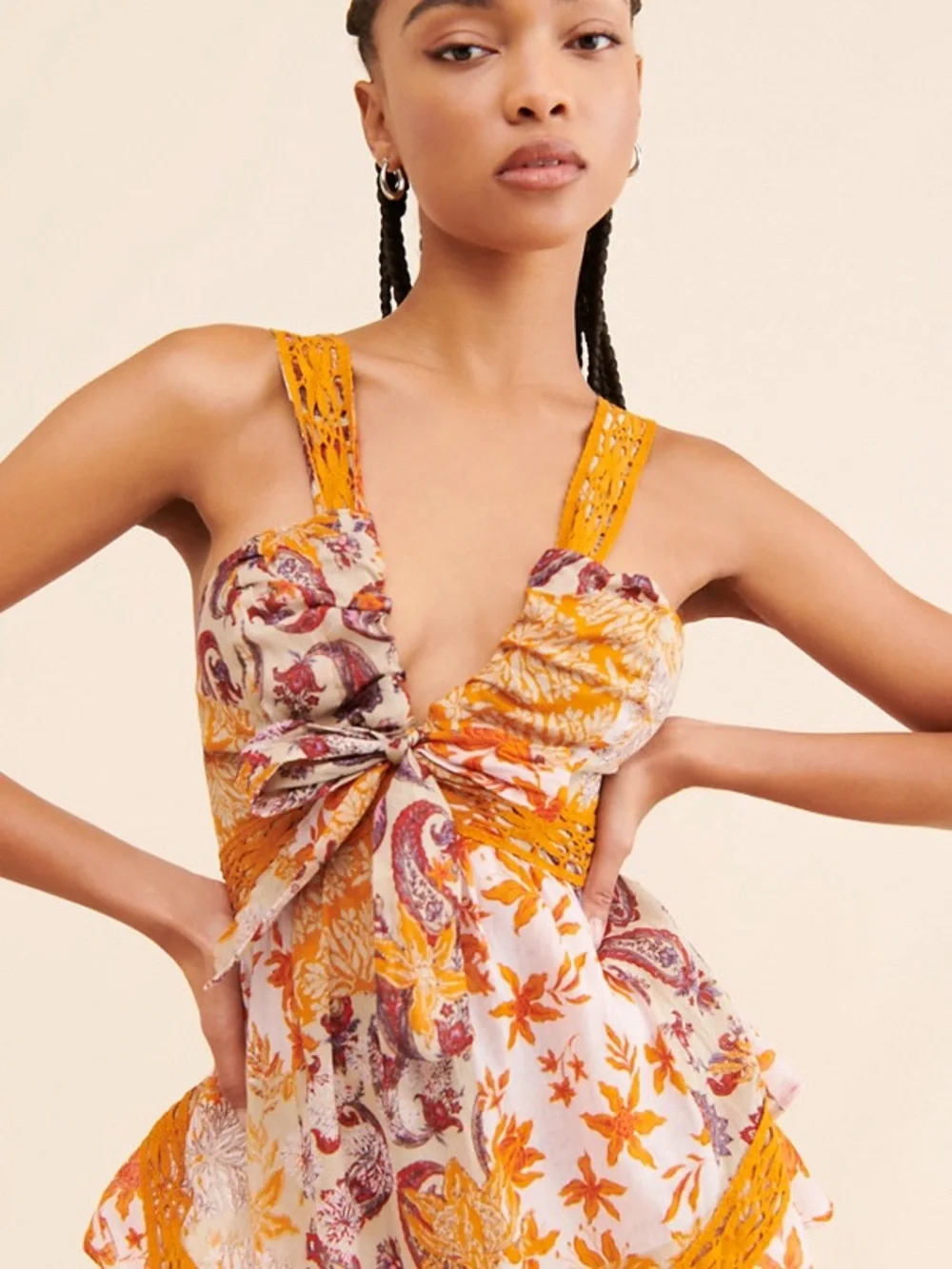 Free People Bali Oletta Romper Lace Ruffle Paisley Tie Back Large Orange purple